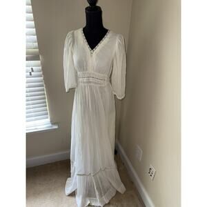 VINTAGE Jack Kramer White Peasant Prairie Dress Smocked White Cottagecore Small